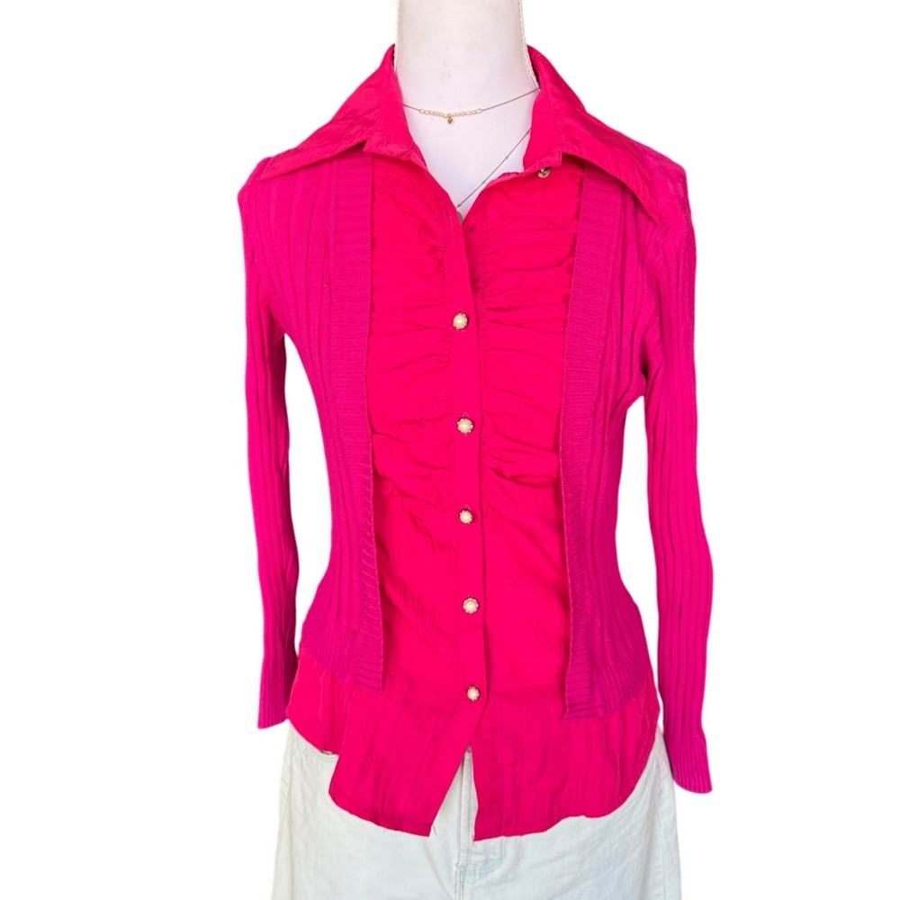 Y2K Hot Pink Button Down Cardigan Top Ribbed Ruched Layered Fenix Trading M/L